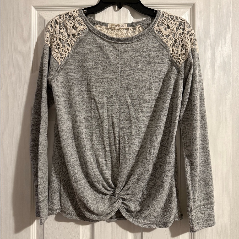 Rewind Gray Long Sleeve Top with Lace Accents